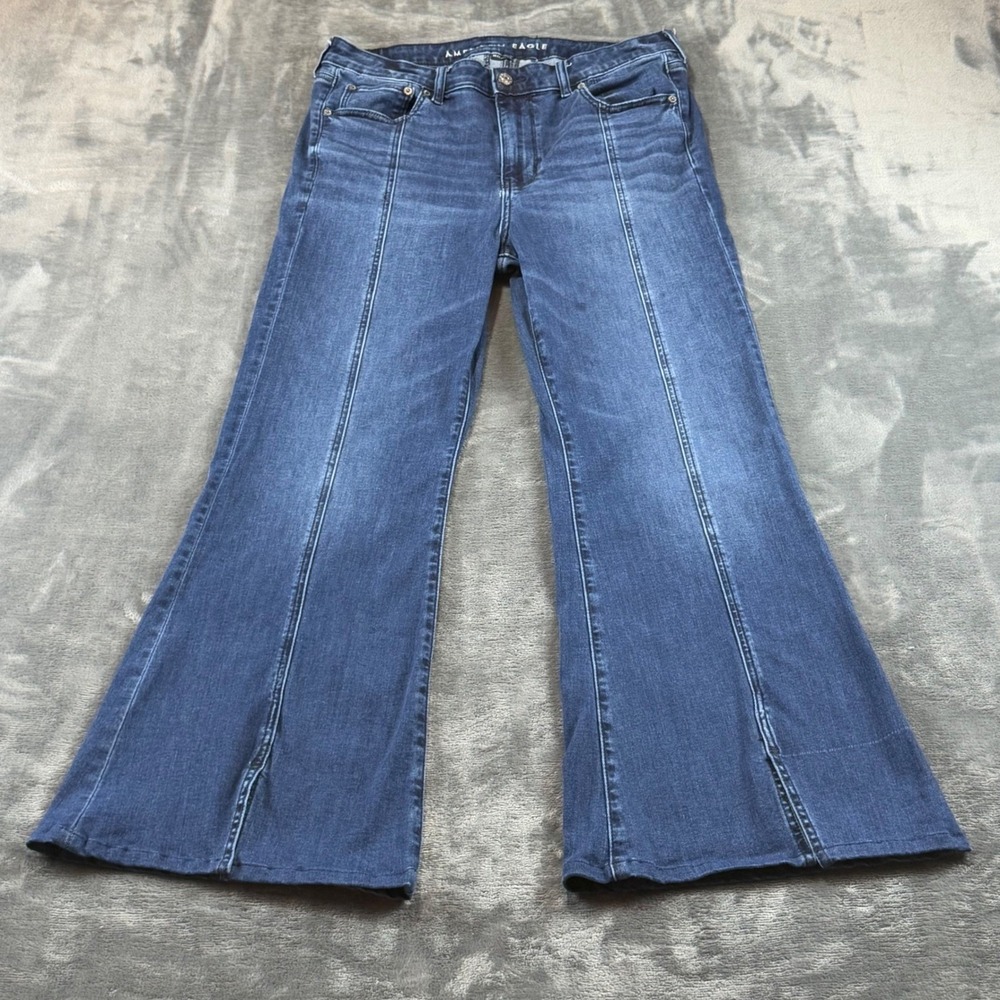 American Eagle Festival Flare Jeans Medium Wash Front Seam Stretch Size 14 Reg
